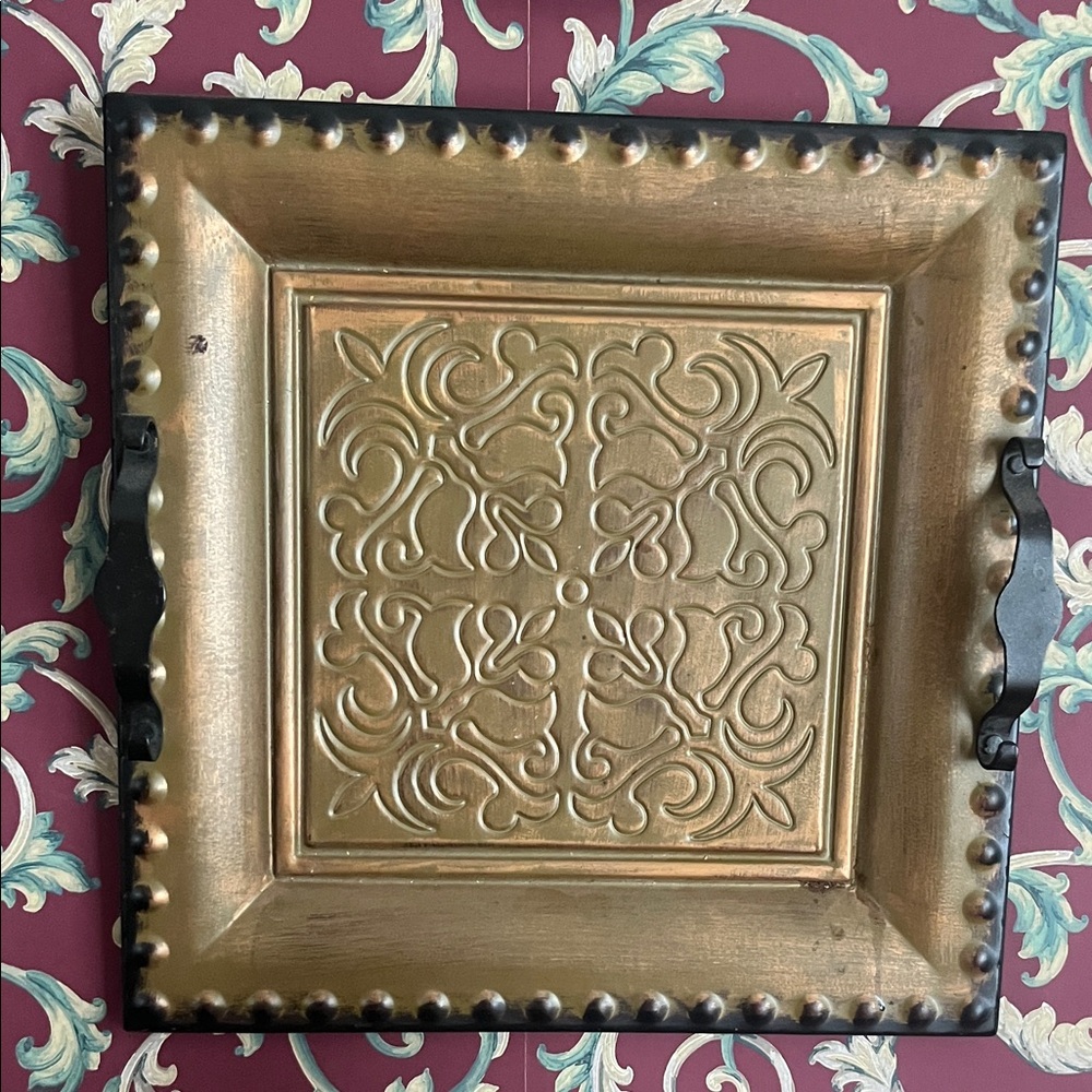 Gold and Bronze Decorative Metal Tray with Handles